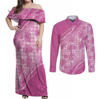 Hawaii Breadfruit Palaka Couples Matching Off Shoulder Maxi Dress and Long Sleeve Button Shirt Omaomao Ulaula Maile Lei - Polynesian Pride