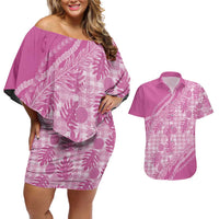 Hawaii Breadfruit Palaka Couples Matching Off Shoulder Short Dress and Hawaiian Shirt Omaomao Ulaula Maile Lei - Polynesian Pride