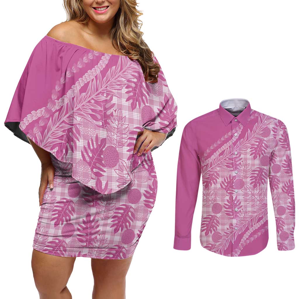 Hawaii Breadfruit Palaka Couples Matching Off Shoulder Short Dress and Long Sleeve Button Shirt Omaomao Ulaula Maile Lei - Polynesian Pride