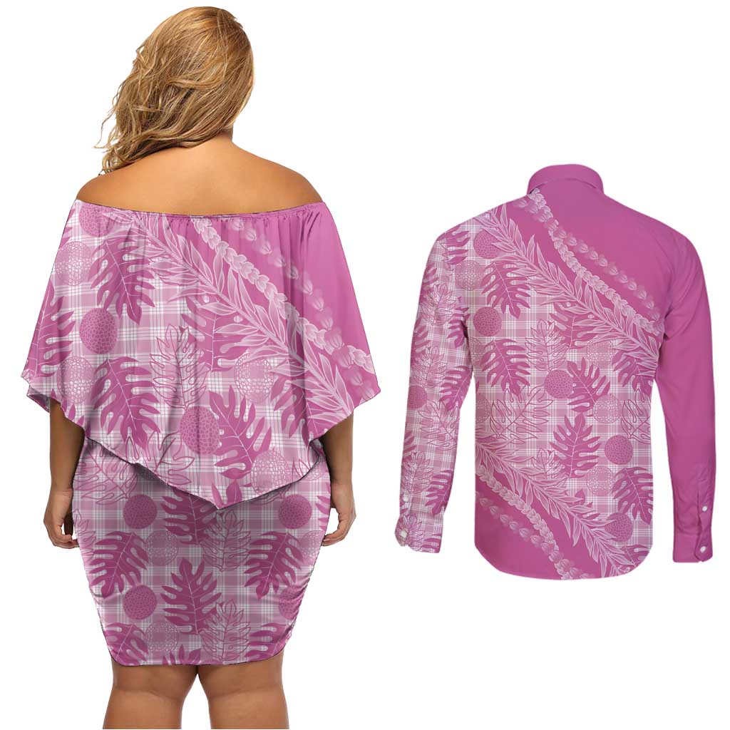 Hawaii Breadfruit Palaka Couples Matching Off Shoulder Short Dress and Long Sleeve Button Shirt Omaomao Ulaula Maile Lei - Polynesian Pride