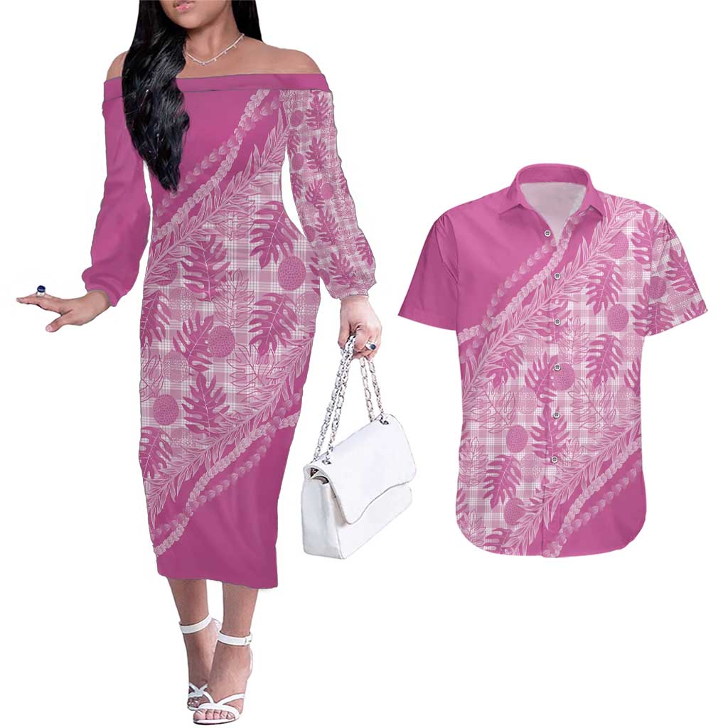 Hawaii Breadfruit Palaka Couples Matching Off The Shoulder Long Sleeve Dress and Hawaiian Shirt Omaomao Ulaula Maile Lei - Polynesian Pride