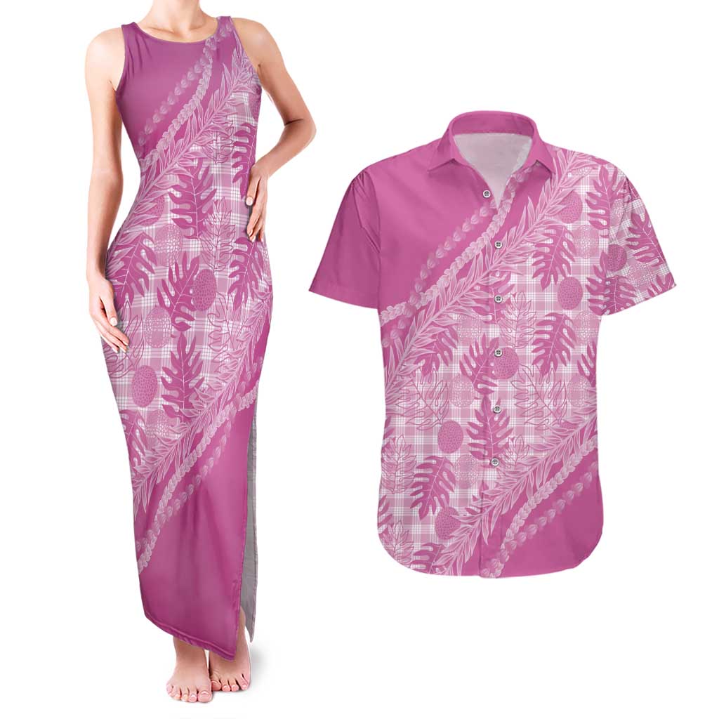 Hawaii Breadfruit Palaka Couples Matching Tank Maxi Dress and Hawaiian Shirt Omaomao Ulaula Maile Lei - Polynesian Pride