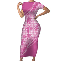 Hawaii Breadfruit Palaka Family Matching Short Sleeve Bodycon Dress and Hawaiian Shirt Omaomao Ulaula Maile Lei LT9 Mom's Dress Pink - Polynesian Pride