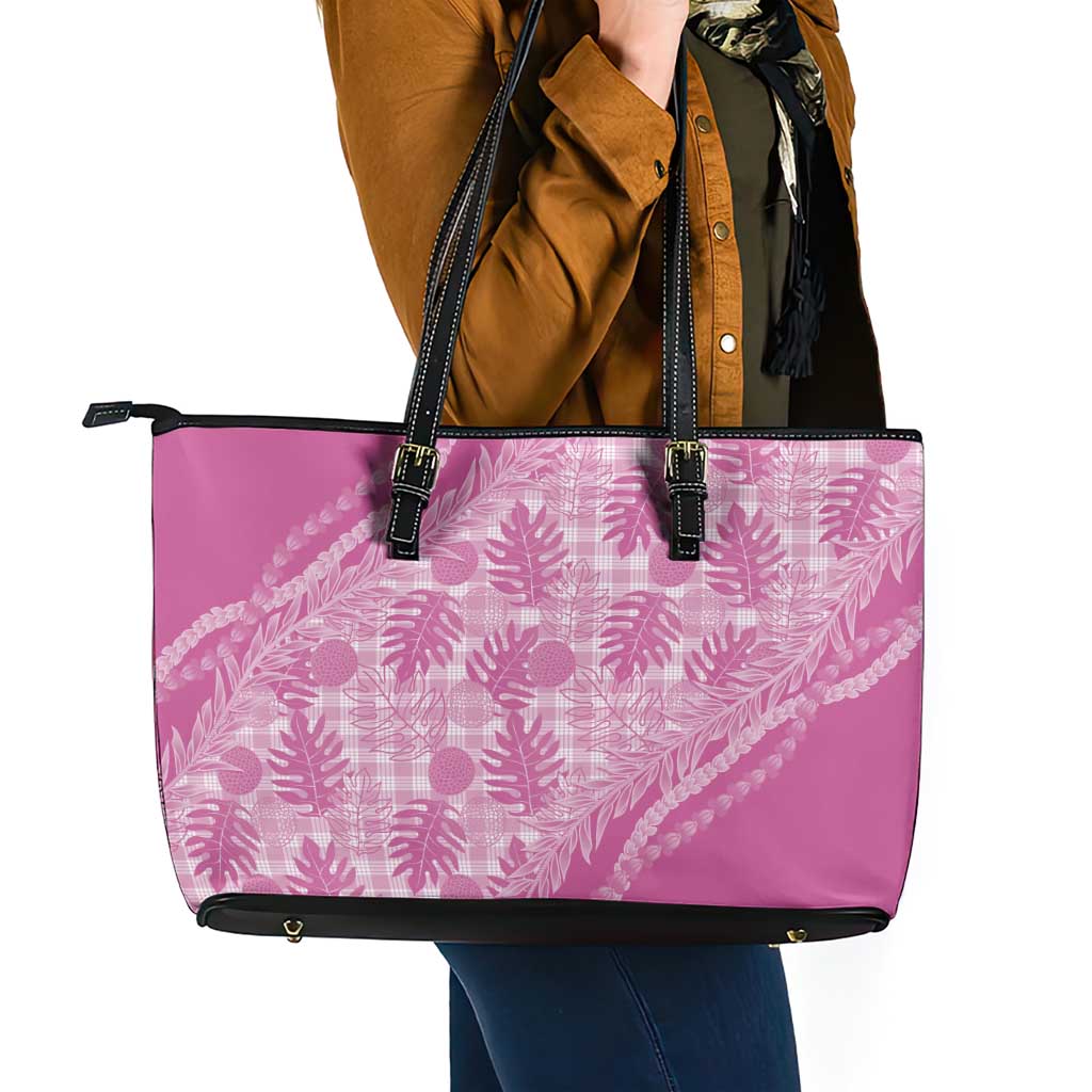 Hawaii Breadfruit Palaka Leather Tote Bag Omaomao Ulaula Maile Lei - Polynesian Pride