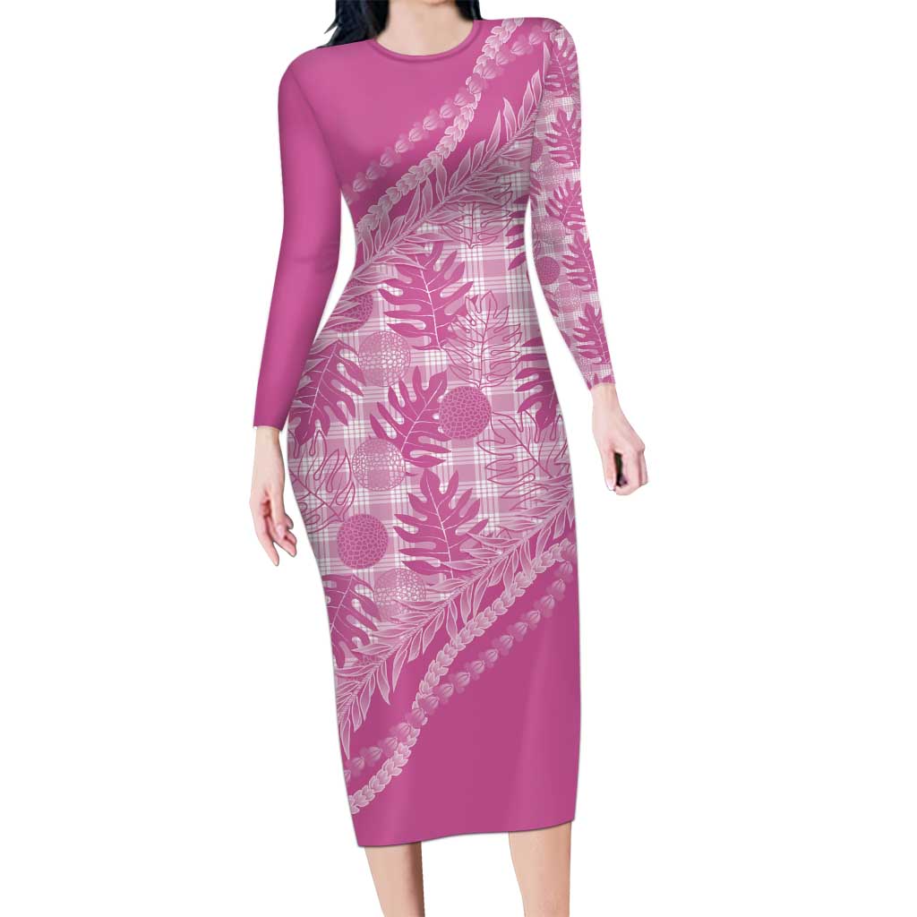 Hawaii Breadfruit Palaka Long Sleeve Bodycon Dress Omaomao Ulaula Maile Lei - Polynesian Pride