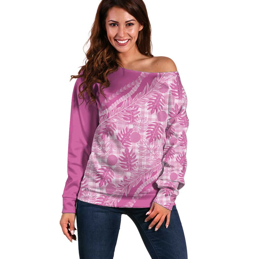 Hawaii Breadfruit Palaka Off Shoulder Sweater Omaomao Ulaula Maile Lei - Polynesian Pride