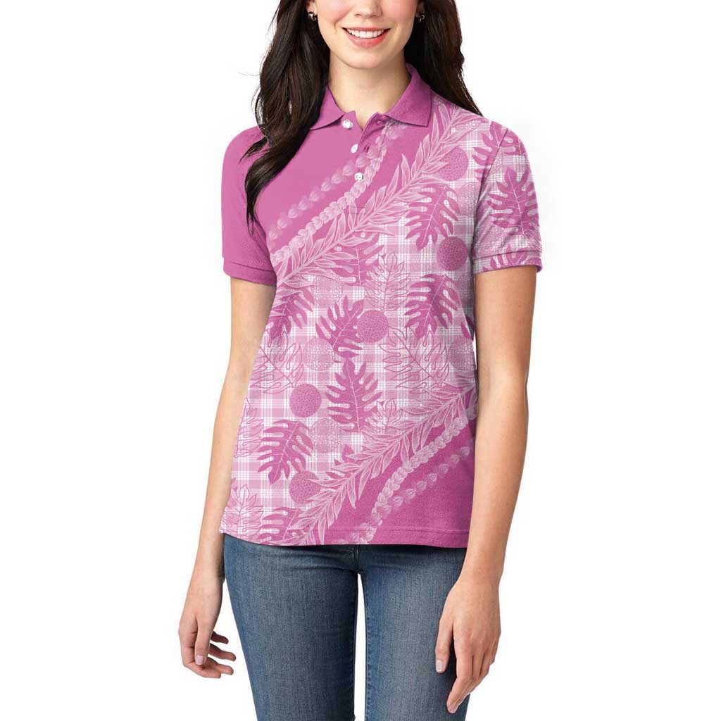 Hawaii Breadfruit Palaka Women Polo Shirt Omaomao Ulaula Maile Lei - Polynesian Pride