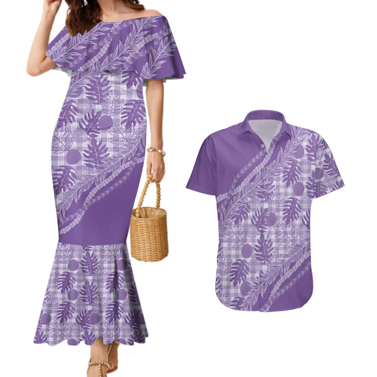 Hawaii Breadfruit Palaka Couples Matching Mermaid Dress and Hawaiian Shirt Poni Maile Lei - Polynesian Pride