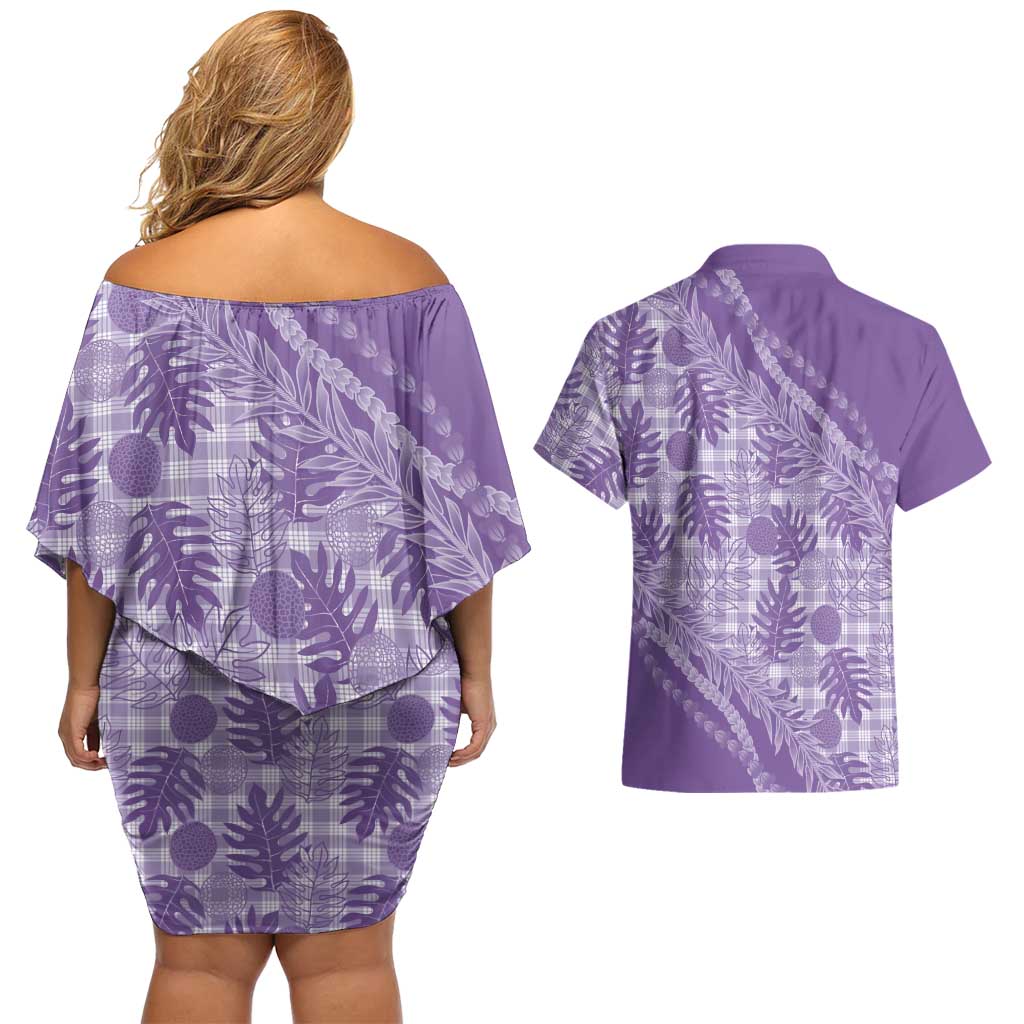 Hawaii Breadfruit Palaka Couples Matching Off Shoulder Short Dress and Hawaiian Shirt Poni Maile Lei - Polynesian Pride