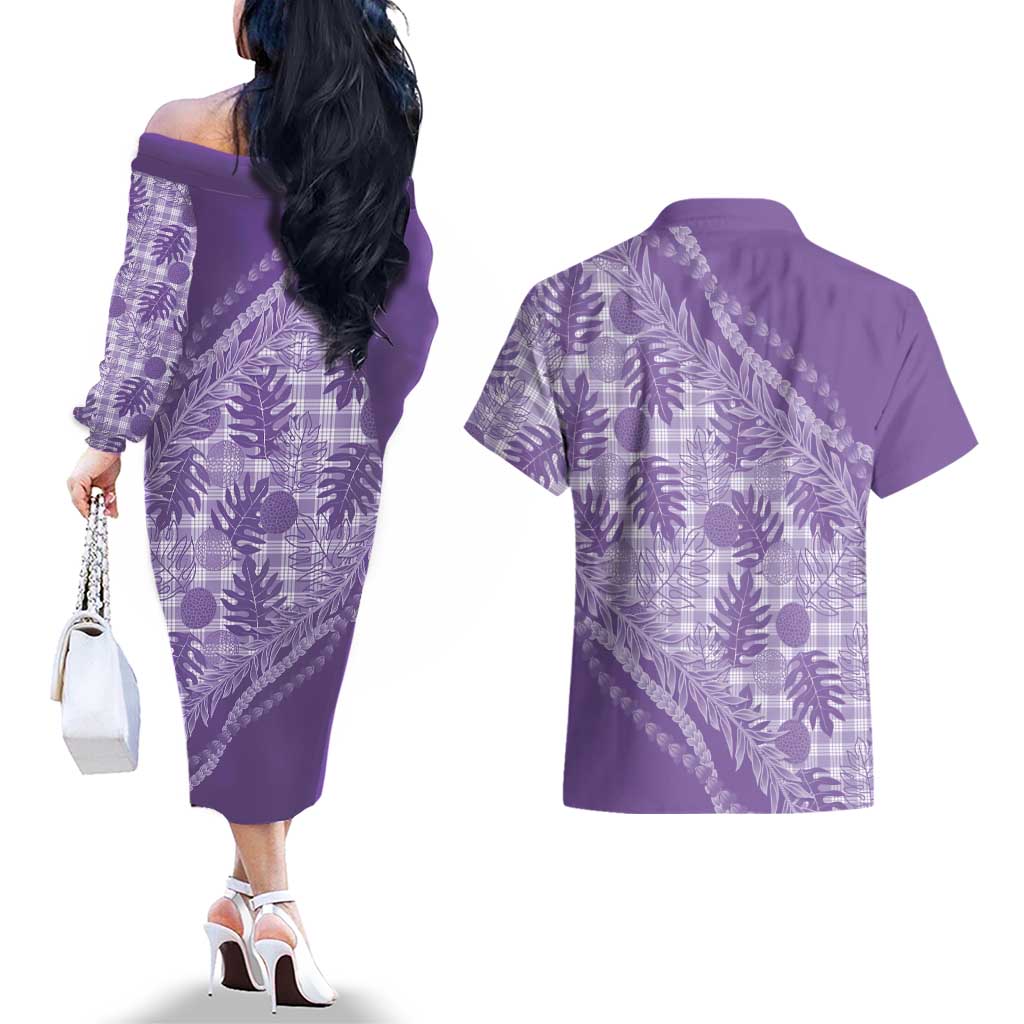 Hawaii Breadfruit Palaka Couples Matching Off The Shoulder Long Sleeve Dress and Hawaiian Shirt Poni Maile Lei - Polynesian Pride