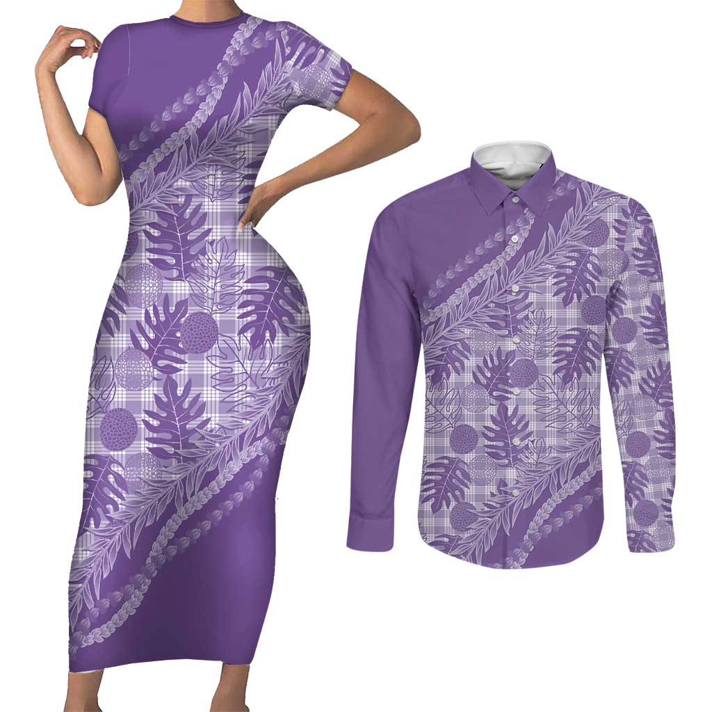 Hawaii Breadfruit Palaka Couples Matching Short Sleeve Bodycon Dress and Long Sleeve Button Shirt Poni Maile Lei - Polynesian Pride