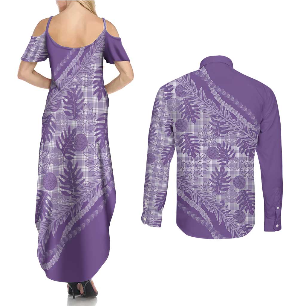 Hawaii Breadfruit Palaka Couples Matching Summer Maxi Dress and Long Sleeve Button Shirt Poni Maile Lei - Polynesian Pride