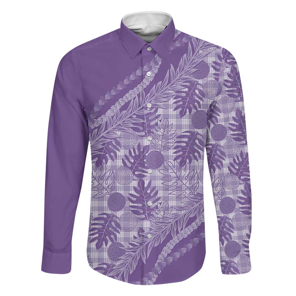 Hawaii Breadfruit Palaka Family Matching Off The Shoulder Long Sleeve Dress and Hawaiian Shirt Poni Maile Lei LT9 Dad's Shirt - Long Sleeve Purple - Polynesian Pride