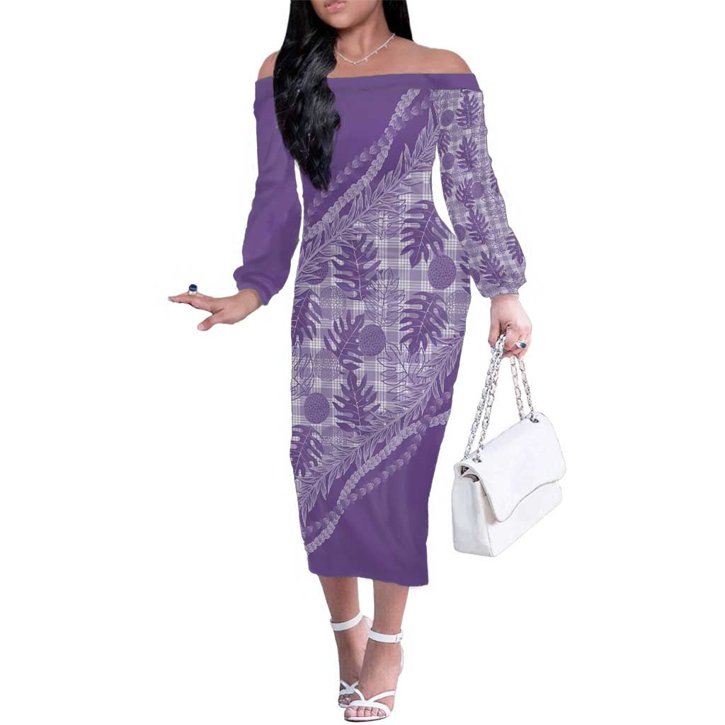 Hawaii Breadfruit Palaka Family Matching Off The Shoulder Long Sleeve Dress and Hawaiian Shirt Poni Maile Lei LT9 Mom's Dress Purple - Polynesian Pride