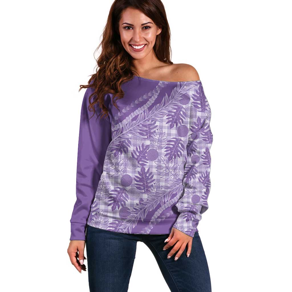 Hawaii Breadfruit Palaka Off Shoulder Sweater Poni Maile Lei - Polynesian Pride