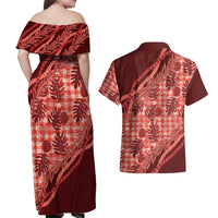 Hawaii Breadfruit Palaka Couples Matching Off Shoulder Maxi Dress and Hawaiian Shirt Ulaula Maile Lei - Polynesian Pride