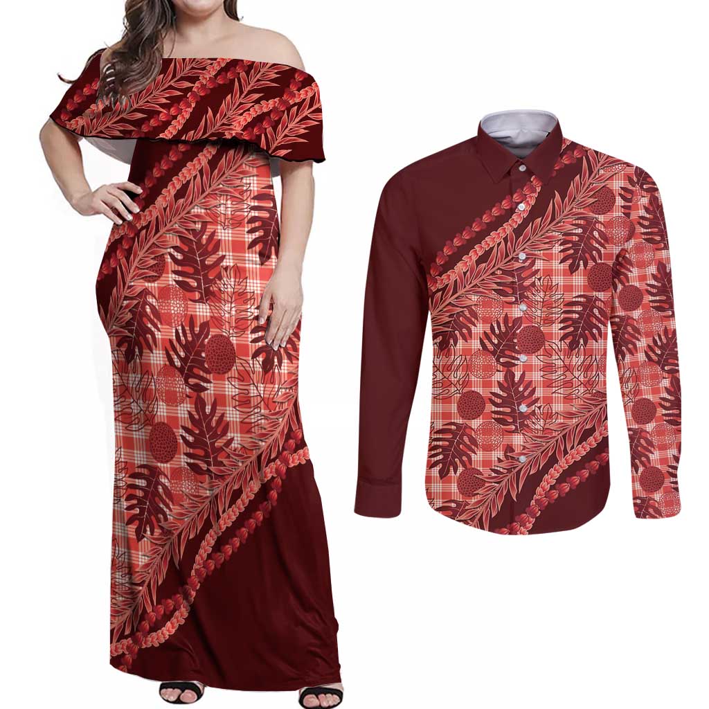 Hawaii Breadfruit Palaka Couples Matching Off Shoulder Maxi Dress and Long Sleeve Button Shirt Ulaula Maile Lei - Polynesian Pride