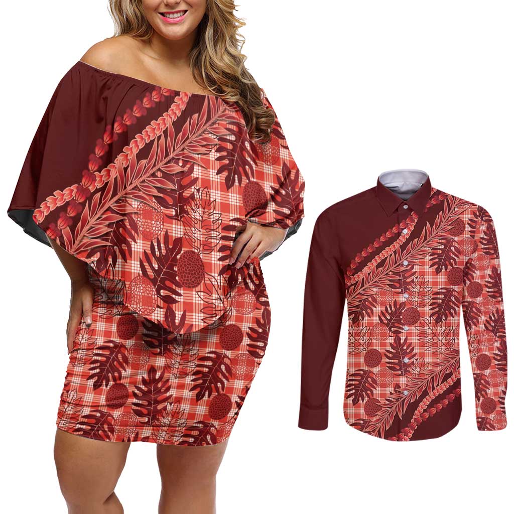 Hawaii Breadfruit Palaka Couples Matching Off Shoulder Short Dress and Long Sleeve Button Shirt Ulaula Maile Lei - Polynesian Pride