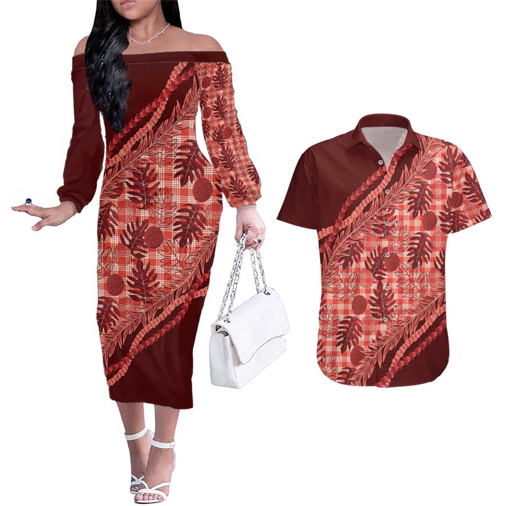 Hawaii Breadfruit Palaka Couples Matching Off The Shoulder Long Sleeve Dress and Hawaiian Shirt Ulaula Maile Lei - Polynesian Pride
