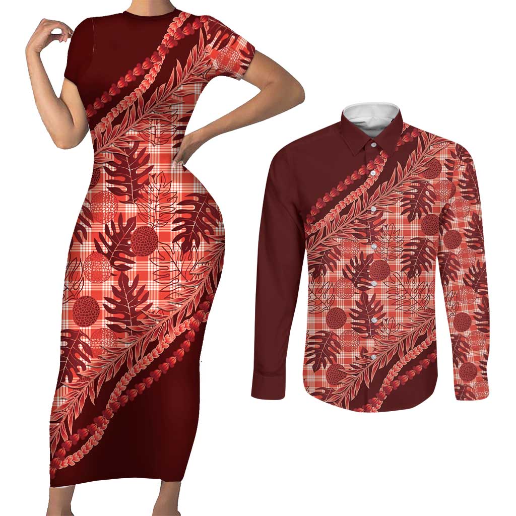 Hawaii Breadfruit Palaka Couples Matching Short Sleeve Bodycon Dress and Long Sleeve Button Shirt Ulaula Maile Lei - Polynesian Pride