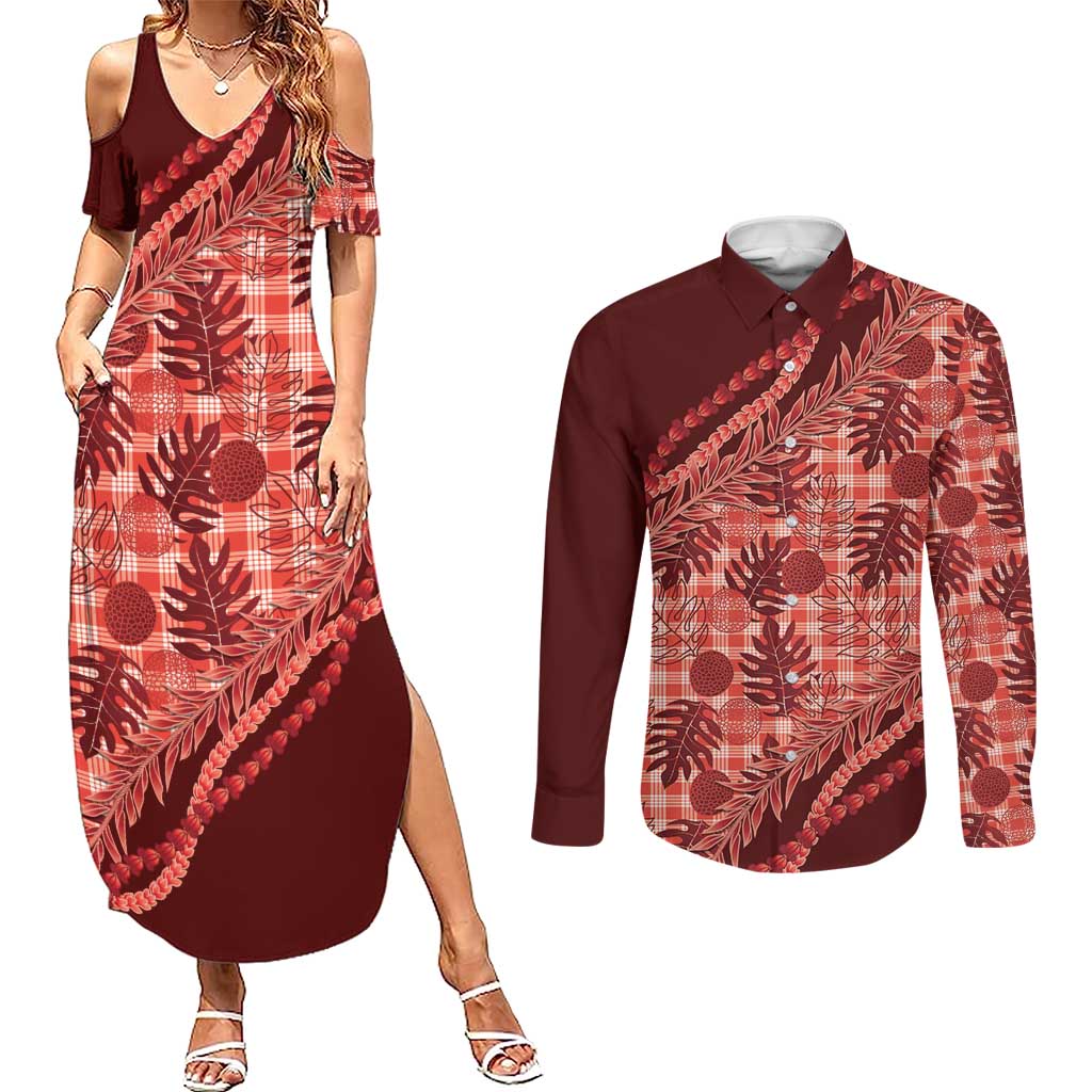 Hawaii Breadfruit Palaka Couples Matching Summer Maxi Dress and Long Sleeve Button Shirt Ulaula Maile Lei - Polynesian Pride