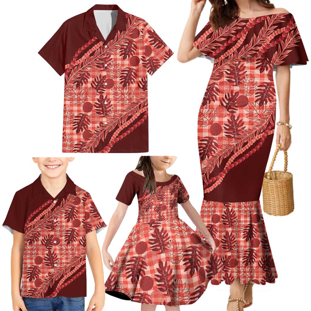Hawaii Breadfruit Palaka Family Matching Mermaid Dress and Hawaiian Shirt Ulaula Maile Lei - Polynesian Pride