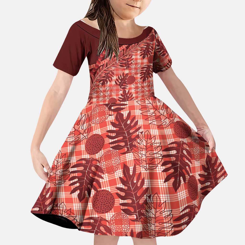 Hawaii Breadfruit Palaka Family Matching Off The Shoulder Long Sleeve Dress and Hawaiian Shirt Ulaula Maile Lei LT9 Daughter's Dress Red - Polynesian Pride