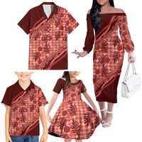 Hawaii Breadfruit Palaka Family Matching Off The Shoulder Long Sleeve Dress and Hawaiian Shirt Ulaula Maile Lei LT9 - Polynesian Pride