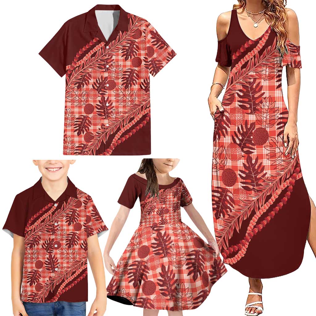 Hawaii Breadfruit Palaka Family Matching Summer Maxi Dress and Hawaiian Shirt Ulaula Maile Lei - Polynesian Pride
