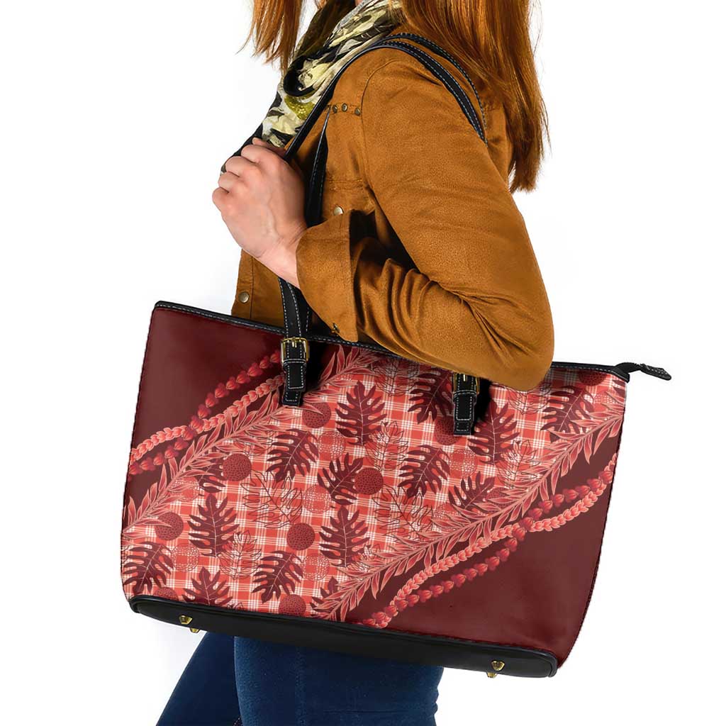 Hawaii Breadfruit Palaka Leather Tote Bag Ulaula Maile Lei - Polynesian Pride