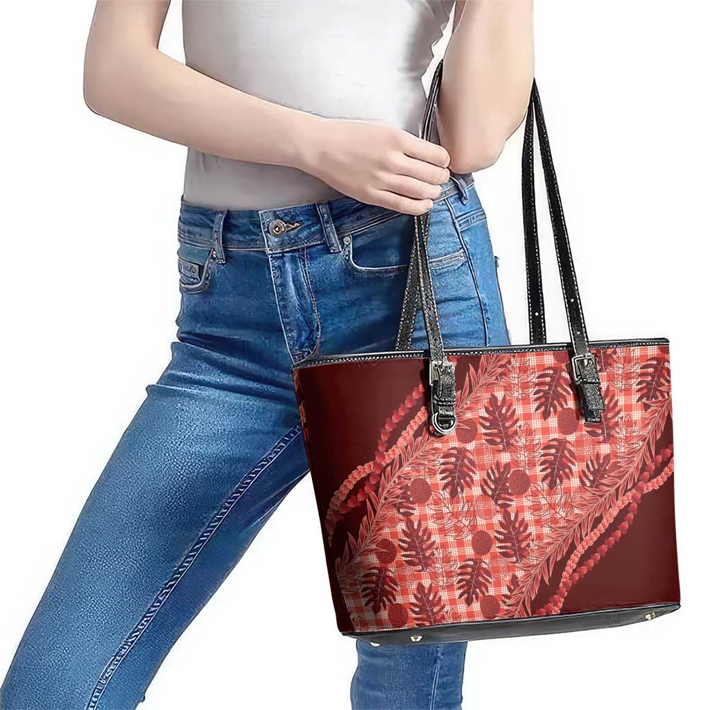 Hawaii Breadfruit Palaka Leather Tote Bag Ulaula Maile Lei - Polynesian Pride