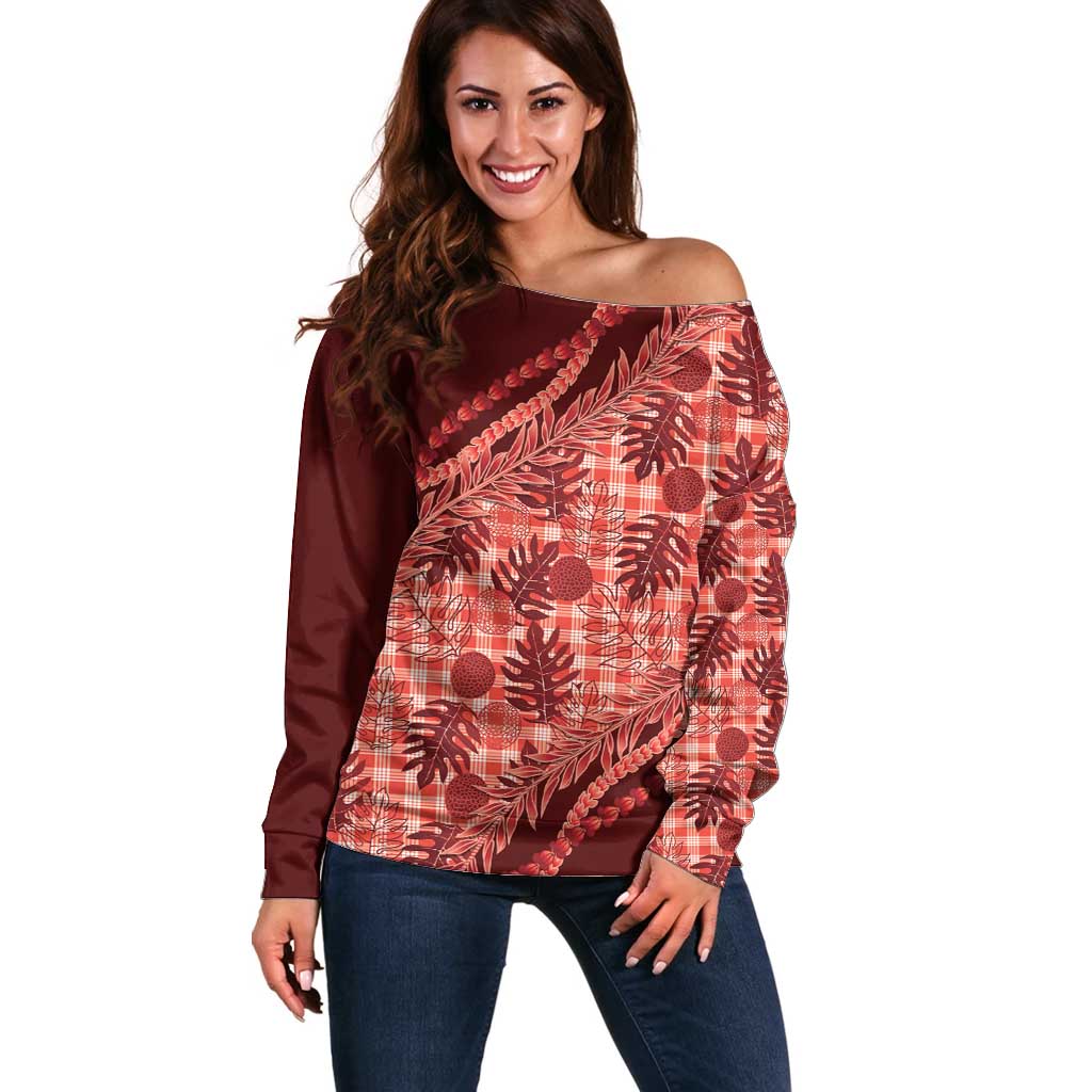 Hawaii Breadfruit Palaka Off Shoulder Sweater Ulaula Maile Lei - Polynesian Pride