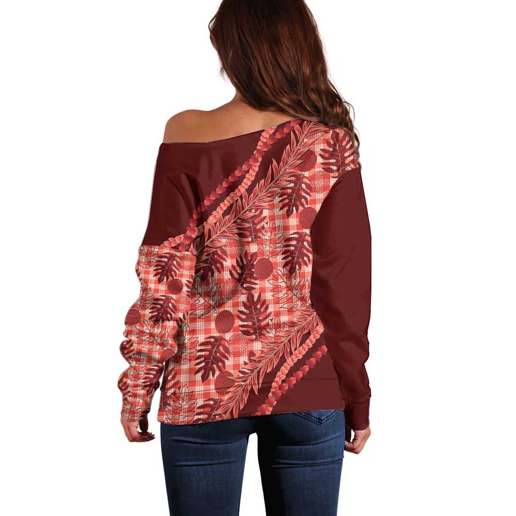 Hawaii Breadfruit Palaka Off Shoulder Sweater Ulaula Maile Lei - Polynesian Pride