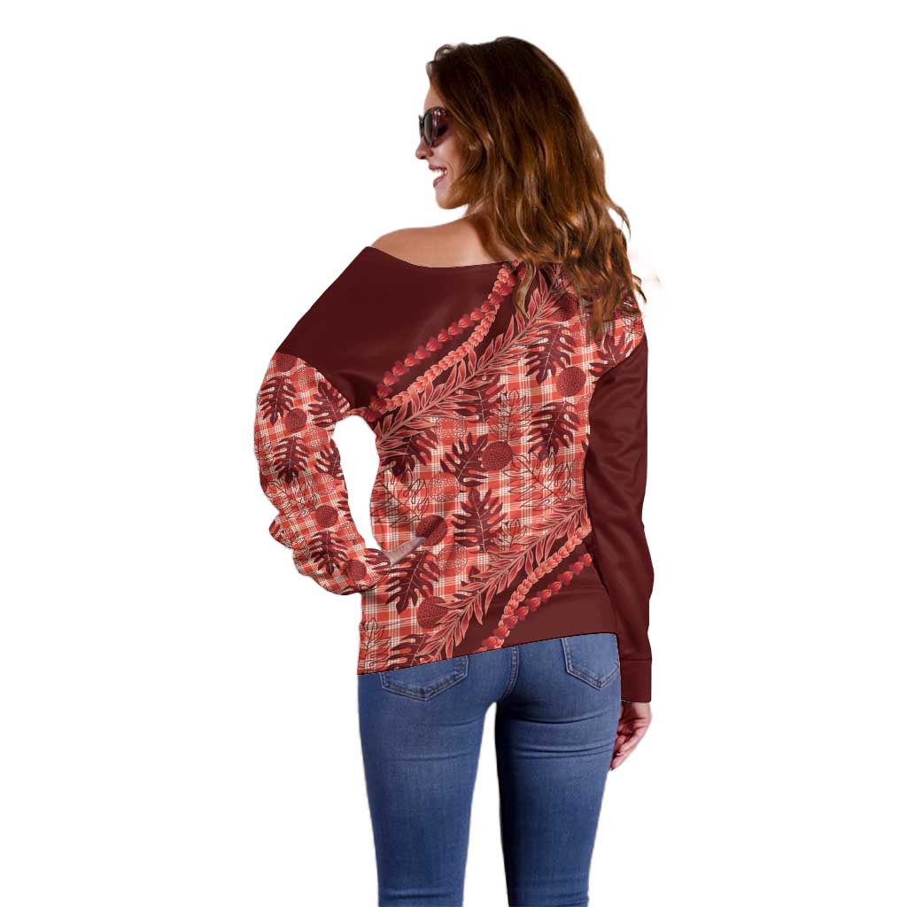 Hawaii Breadfruit Palaka Off Shoulder Sweater Ulaula Maile Lei - Polynesian Pride