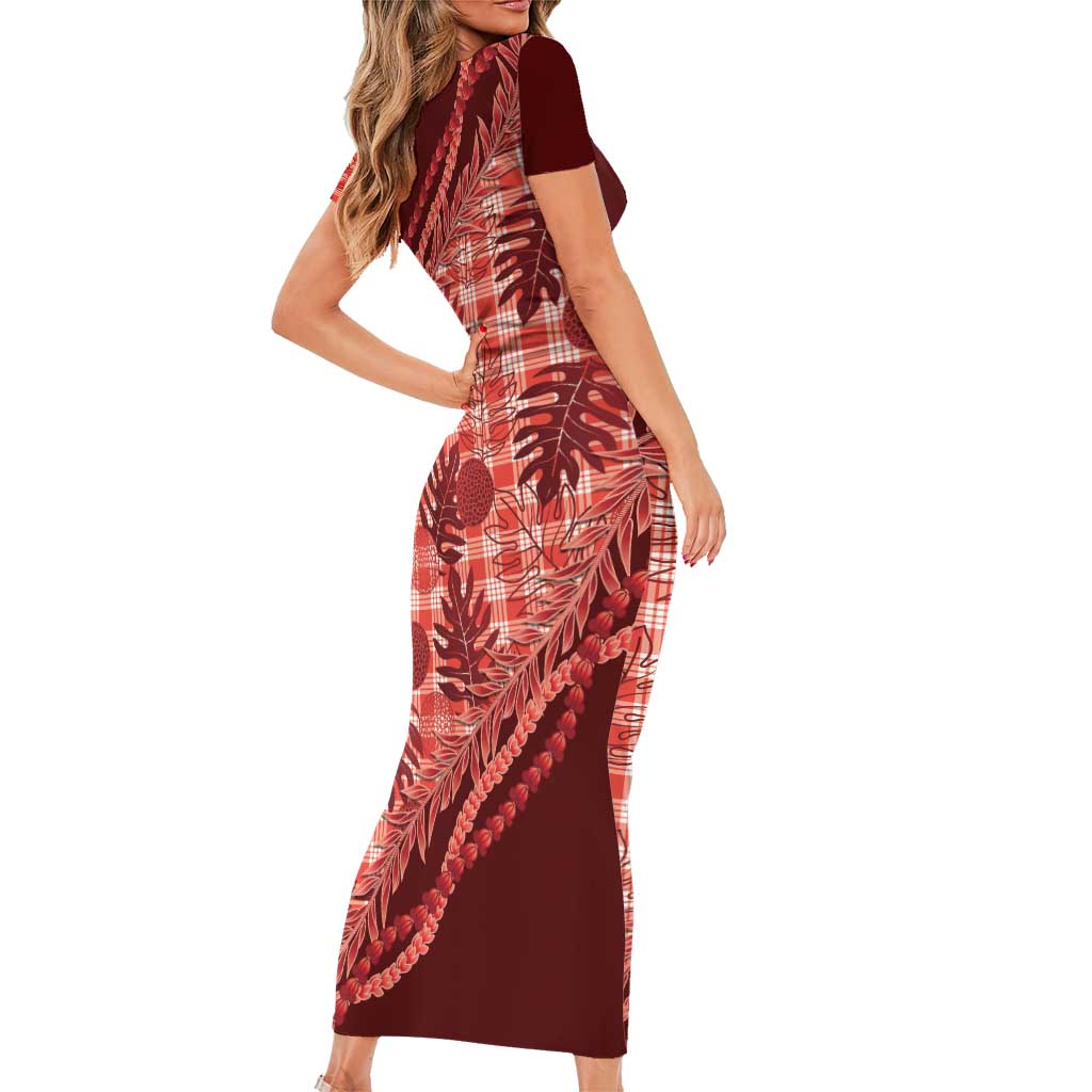 Hawaii Breadfruit Palaka Short Sleeve Bodycon Dress Ulaula Maile Lei - Polynesian Pride