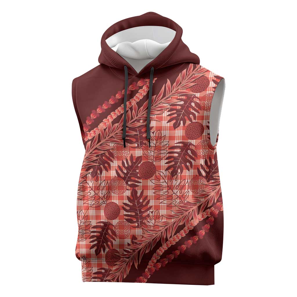 Hawaii Breadfruit Palaka Sleeveless Hoodie Ulaula Maile Lei - Polynesian Pride