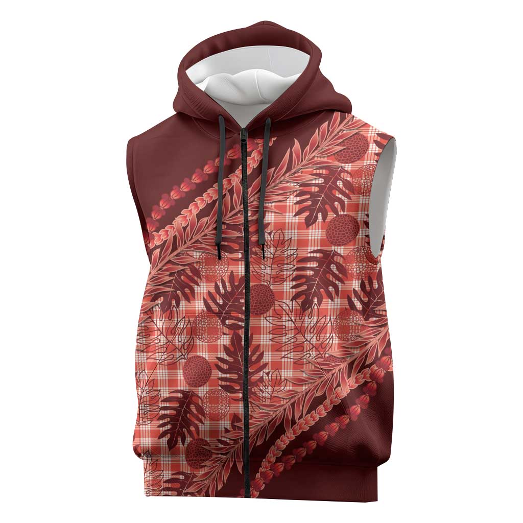 Hawaii Breadfruit Palaka Sleeveless Zip Hoodie Ulaula Maile Lei - Polynesian Pride