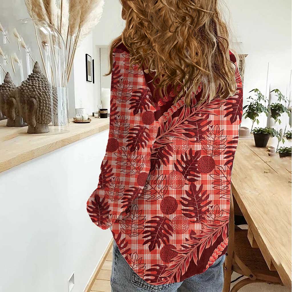 Hawaii Breadfruit Palaka Women Casual Shirt Ulaula Maile Lei - Polynesian Pride