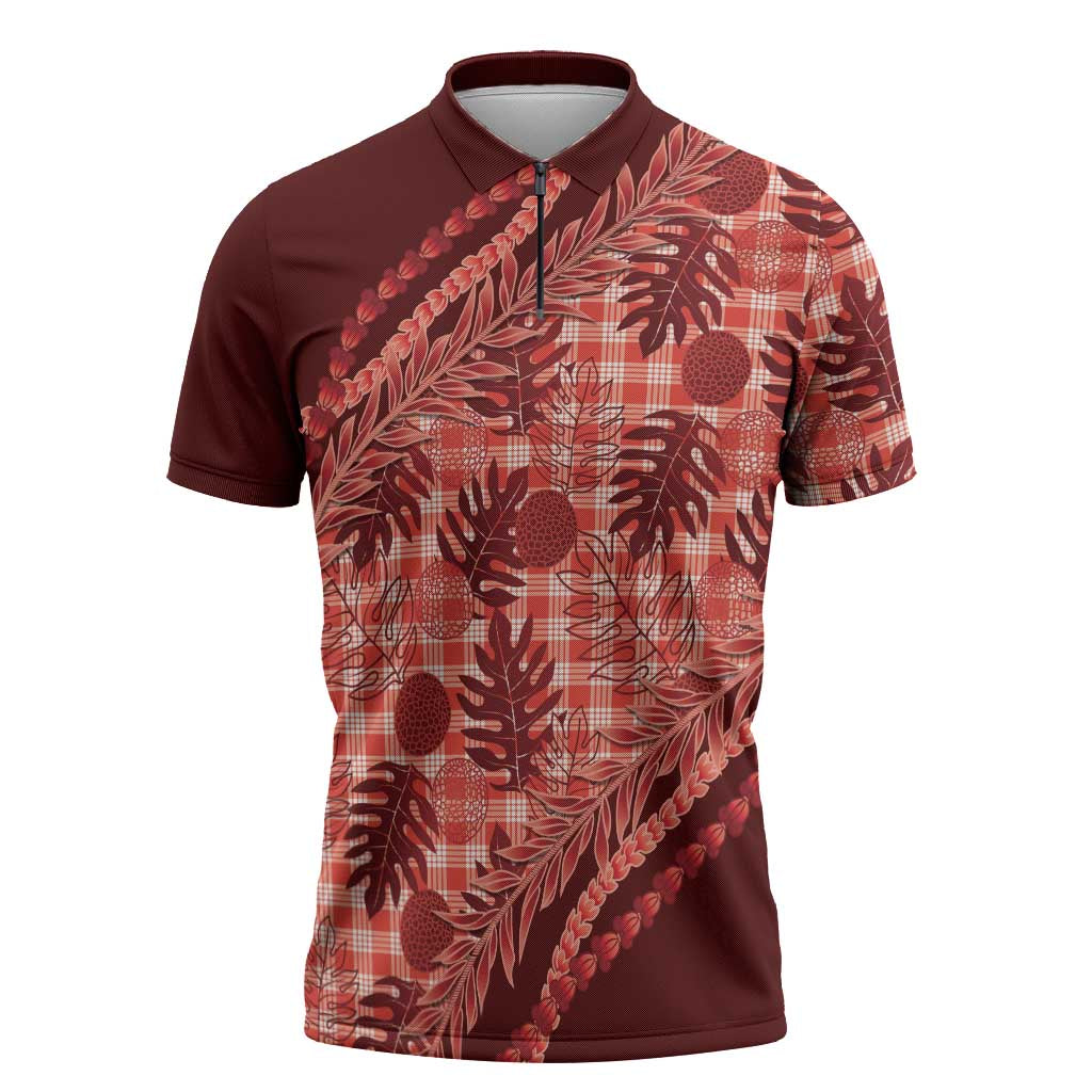 Hawaii Breadfruit Palaka Zipper Polo Shirt Ulaula Maile Lei - Polynesian Pride