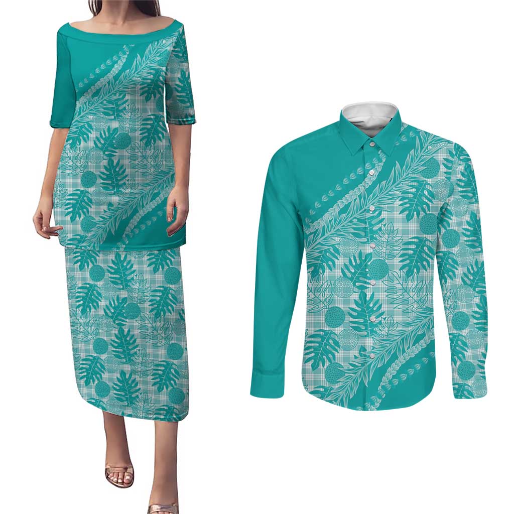 Hawaii Breadfruit Palaka Couples Matching Puletasi and Long Sleeve Button Shirt Polu Opal Maile Lei - Polynesian Pride