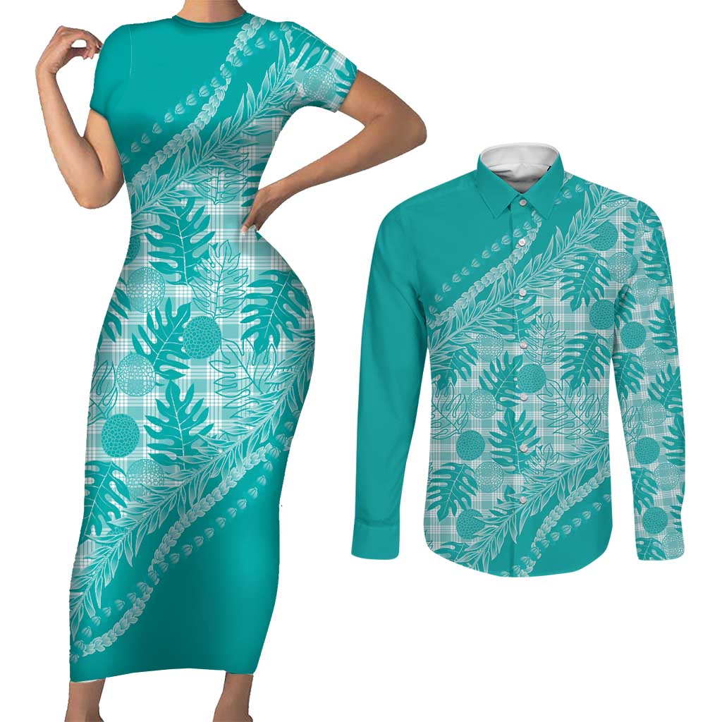 Hawaii Breadfruit Palaka Couples Matching Short Sleeve Bodycon Dress and Long Sleeve Button Shirt Polu Opal Maile Lei - Polynesian Pride