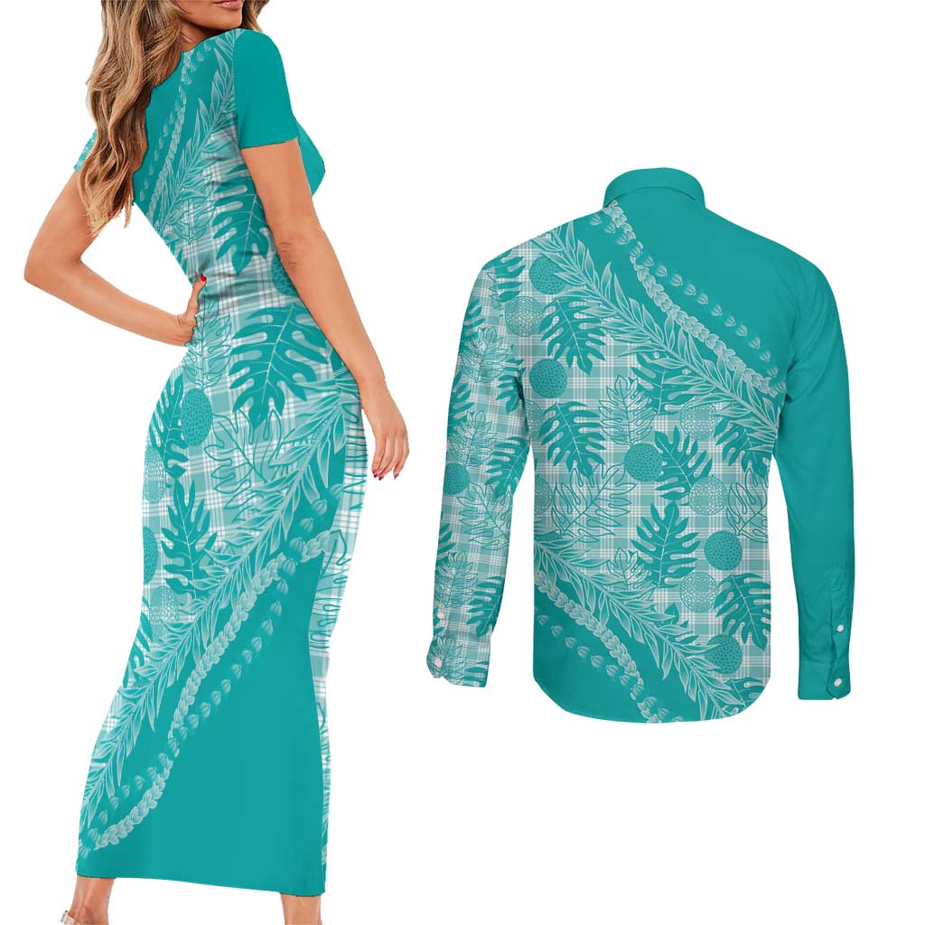Hawaii Breadfruit Palaka Couples Matching Short Sleeve Bodycon Dress and Long Sleeve Button Shirt Polu Opal Maile Lei - Polynesian Pride