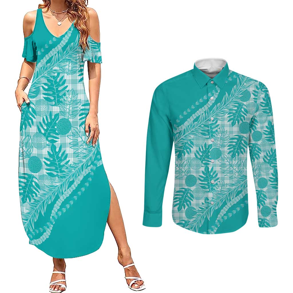 Hawaii Breadfruit Palaka Couples Matching Summer Maxi Dress and Long Sleeve Button Shirt Polu Opal Maile Lei - Polynesian Pride