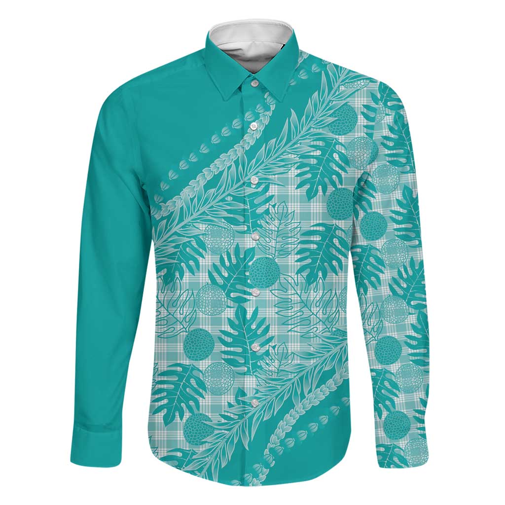Hawaii Breadfruit Palaka Family Matching Off The Shoulder Long Sleeve Dress and Hawaiian Shirt Polu Opal Maile Lei LT9 Dad's Shirt - Long Sleeve Turquoise - Polynesian Pride