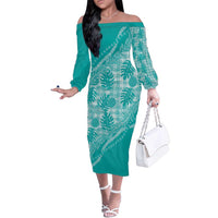 Hawaii Breadfruit Palaka Family Matching Off The Shoulder Long Sleeve Dress and Hawaiian Shirt Polu Opal Maile Lei LT9 Mom's Dress Turquoise - Polynesian Pride