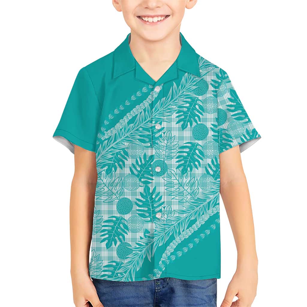 Hawaii Breadfruit Palaka Family Matching Off The Shoulder Long Sleeve Dress and Hawaiian Shirt Polu Opal Maile Lei LT9 Son's Shirt Turquoise - Polynesian Pride