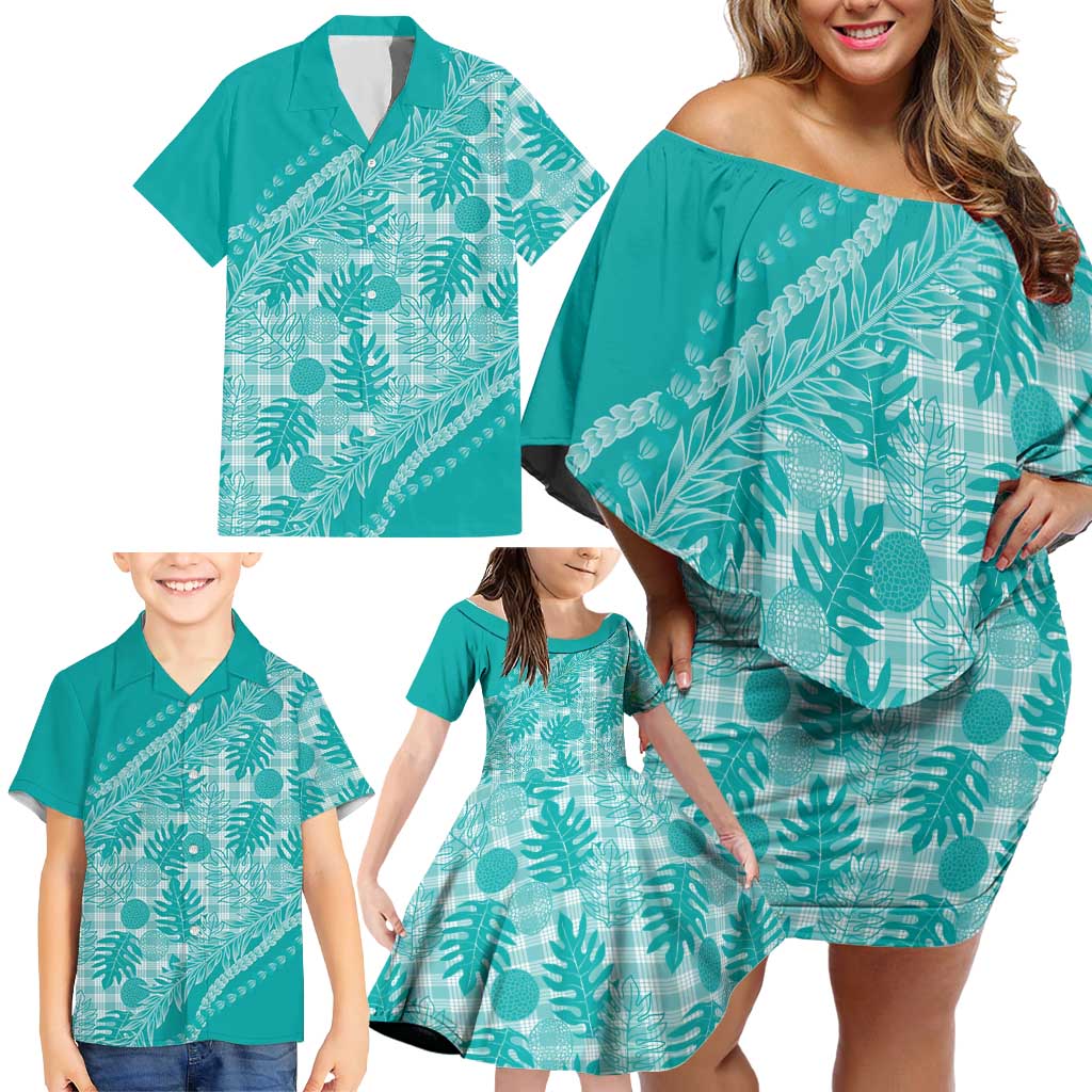 Hawaii Breadfruit Palaka Family Matching Off Shoulder Short Dress and Hawaiian Shirt Polu Opal Maile Lei - Polynesian Pride