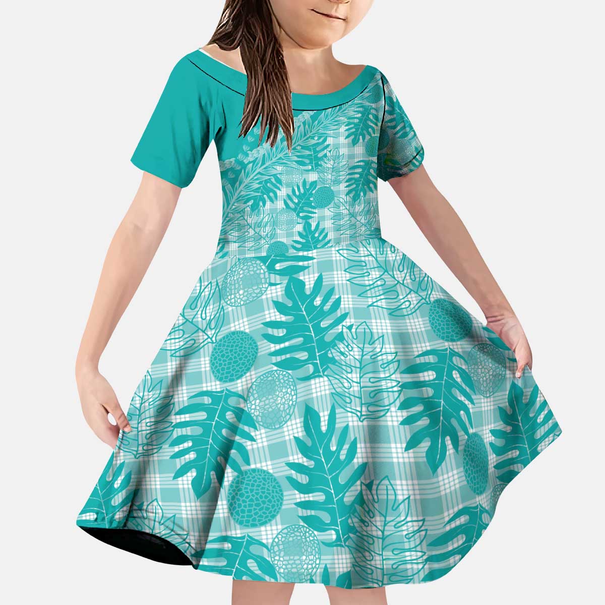 Hawaii Breadfruit Palaka Kid Short Sleeve Dress Polu Opal Maile Lei - Polynesian Pride