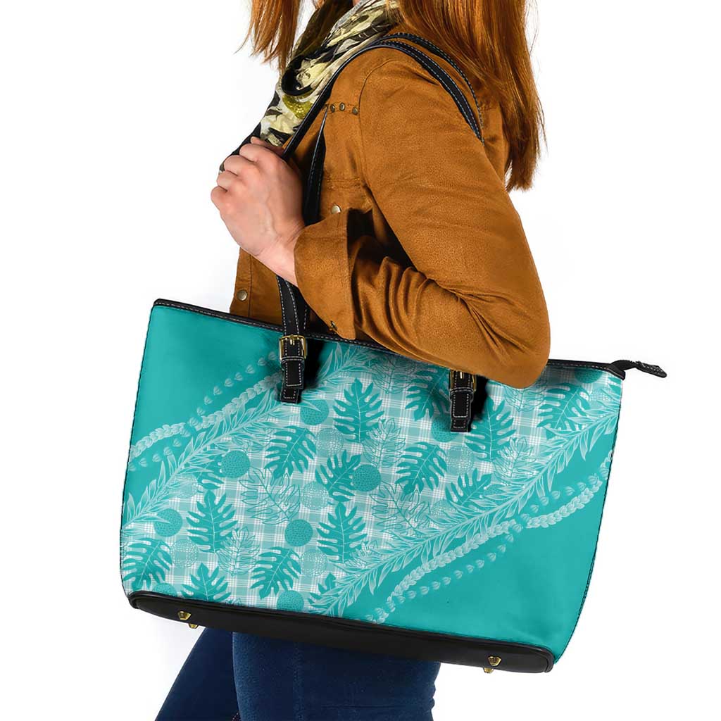 Hawaii Breadfruit Palaka Leather Tote Bag Polu Opal Maile Lei - Polynesian Pride