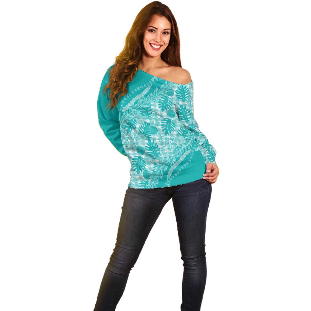 Hawaii Breadfruit Palaka Off Shoulder Sweater Polu Opal Maile Lei - Polynesian Pride